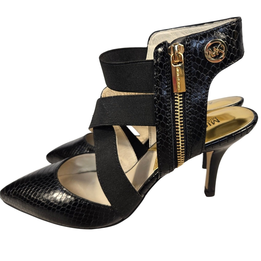 Michael Kors Black Snakeskin Embossed Elastic Strap Pointed Toe Pumps Size 9.5M - Picture 5 of 10